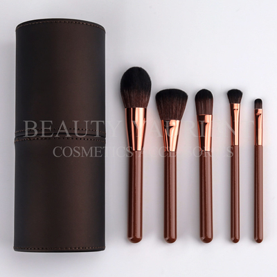 Brown-Holzgriff-Make-up bürstet 5-teiligen Make-upbürsten-Satz mit PU-Zylinder